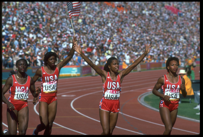 Team USA after winning the 4x100 meter relay, 1984. Photo via Getty Images.